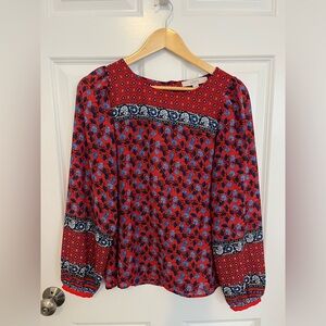 LOFT Red and Blue Patterned Blouse